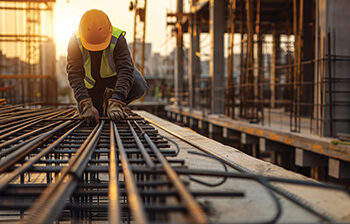 A construction worker wearing a yellow hard hat and safety vest is working on a building site at sunset, handling steel rebar.
