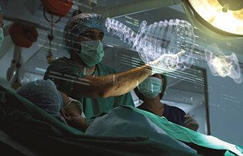A surgeon diagnoses a senior patient using cutting-edge holographic simulation, enabling real-time visualization for a precise assessment of the patient's internal structures. Concept hospital care